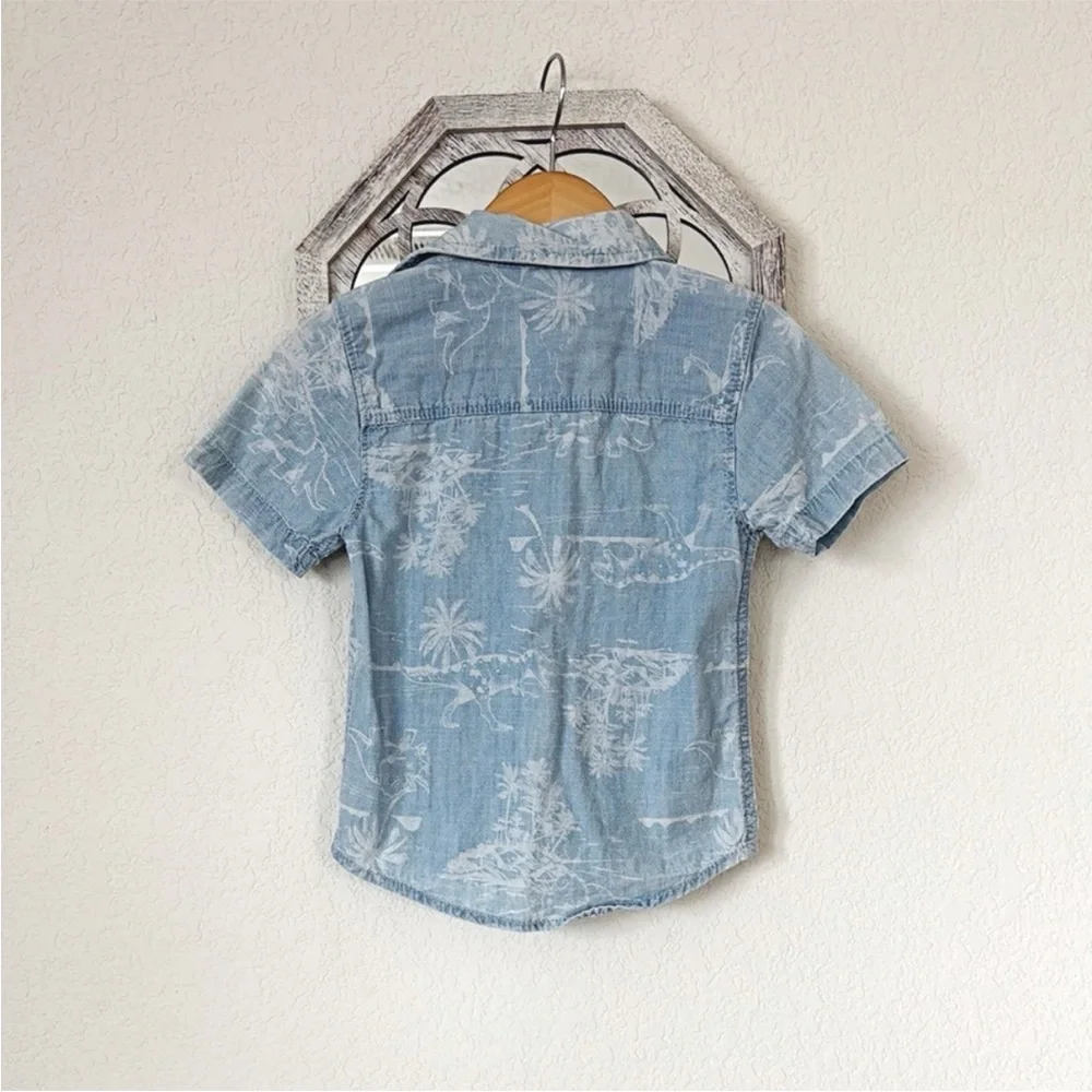 OshKosh B’gosh • Boys 2T Blue Chambray Dinosaur Tropical Button Up Shirt